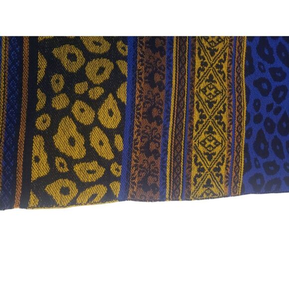 Womens Wool Scarf 64" x 27" Yellow Purple Navy Animal 1/2" Fringe Made in C.E.E. - Picture 3 of 13